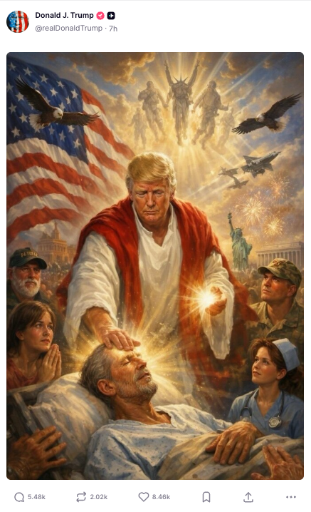 Donald Trump’s Truth Social account deleted an AI-generated image of himself as Jesus on April 13. He posted the image on Sunday night after bashing Pope Leo